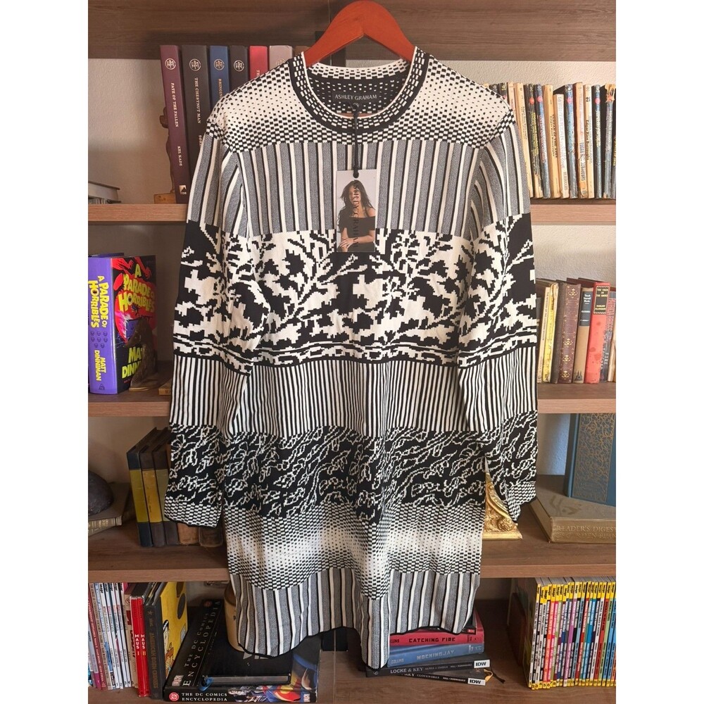 Ashley Graham 2X Sweater Dress Black White Jacquard Pattern Long Sleeve NWT